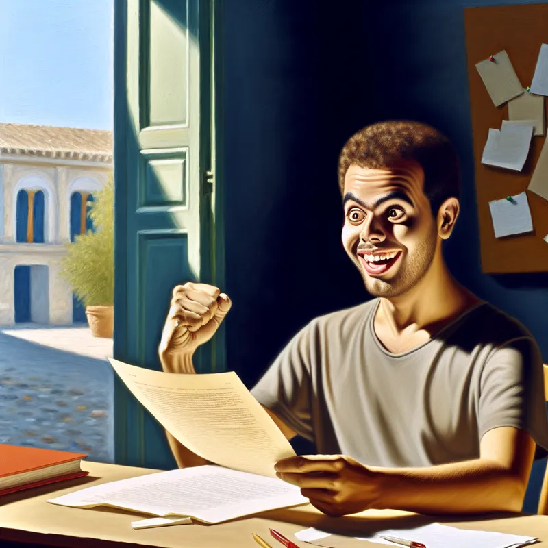 Een blije persoon zit aan een bureau met een open examenblad en kijkt opgelucht en enthousiast na het controleren van de resultaten.