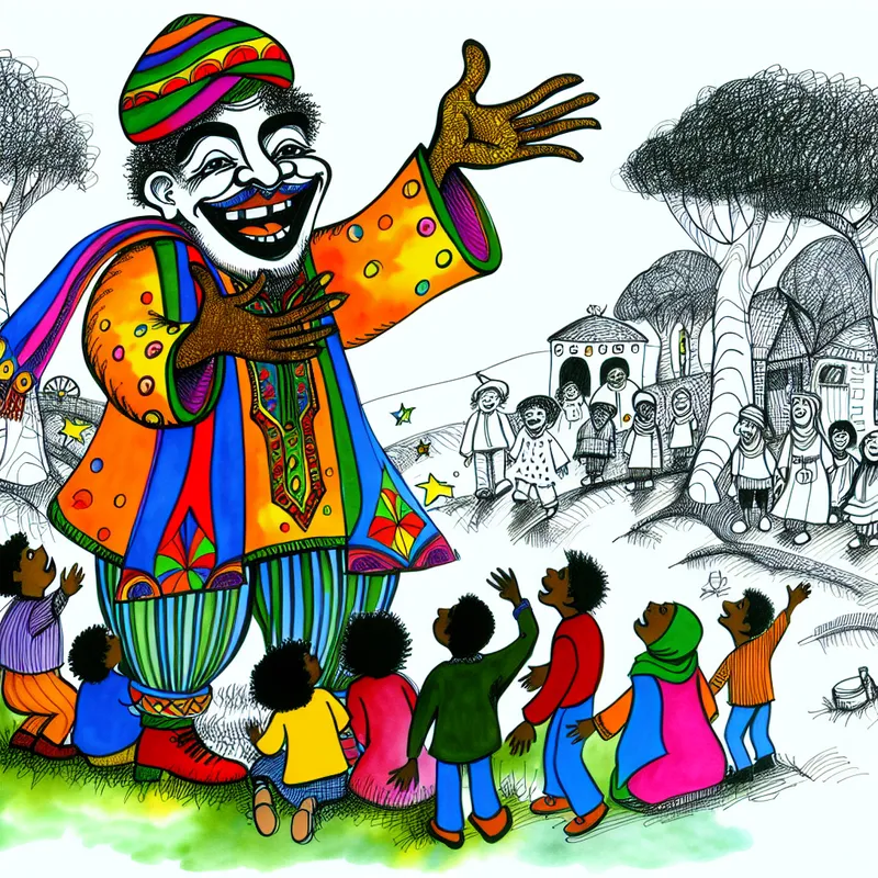 Een speelse cartoonillustratie van een blije volwassene die zijn handen omhoog steekt terwijl kleine kinderen omhoog kijken in bewondering.