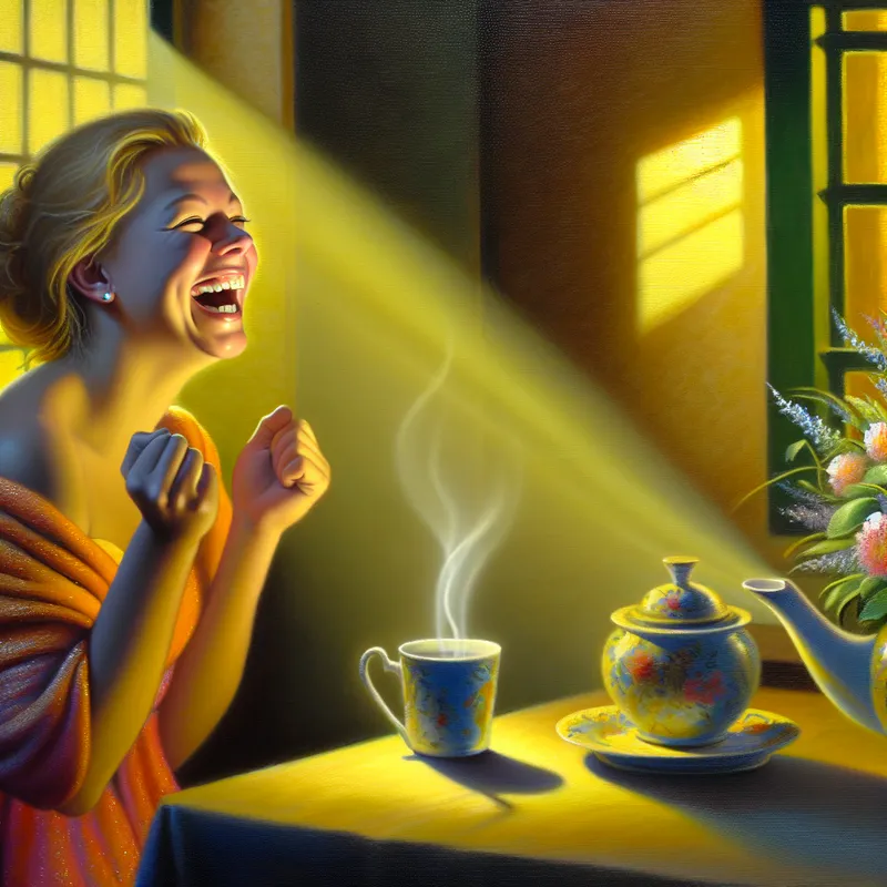 Jonge vrouw straalt blijdschap uit terwijl ze het nieuws van haar nieuwe baan ontvangt in een warm verlichte kamer.