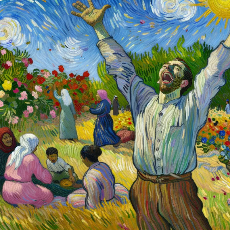 Een persoon van diverse afkomsten viert blij in een zonovergoten park, omringd door kleurrijke bloemen.