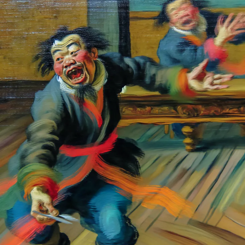 Schilderij in de stijl van Frans Hals van een man die gepassioneerd een verhaal vertelt aan een lege kamer, met levendige gebaren en expressie, symbool voor doorgaan zonder te stoppen