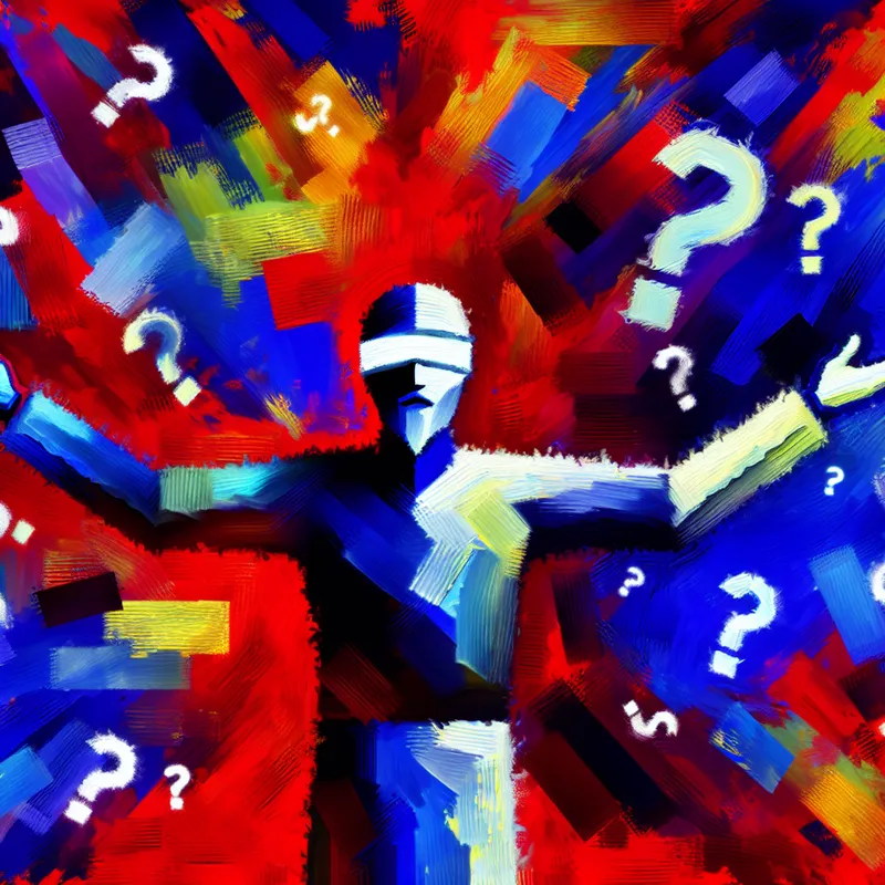 Abstract expressionistisch schilderij van een persoon met gesloten ogen en wijd open armen, symbool voor blind vertrouwen te midden van chaotische kleuren en tekstfragmenten