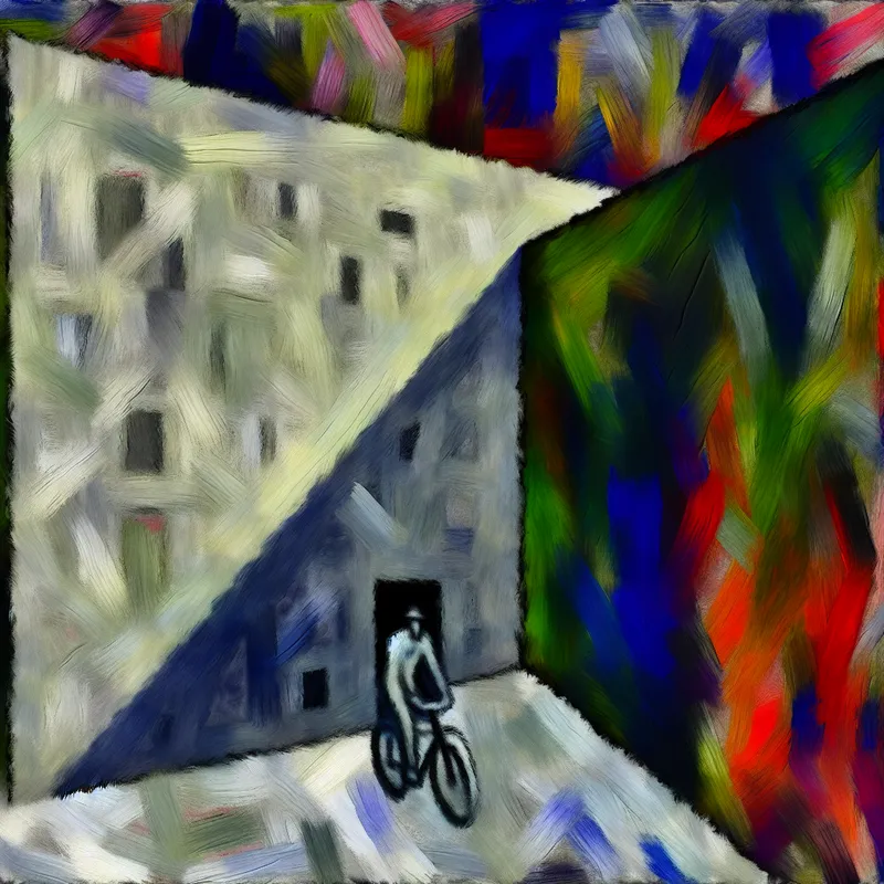 Abstract expressionistisch schilderij van een blinde muur en blinde hoek in een benauwde ruimte, met vage omtrek van een fietser en fiets