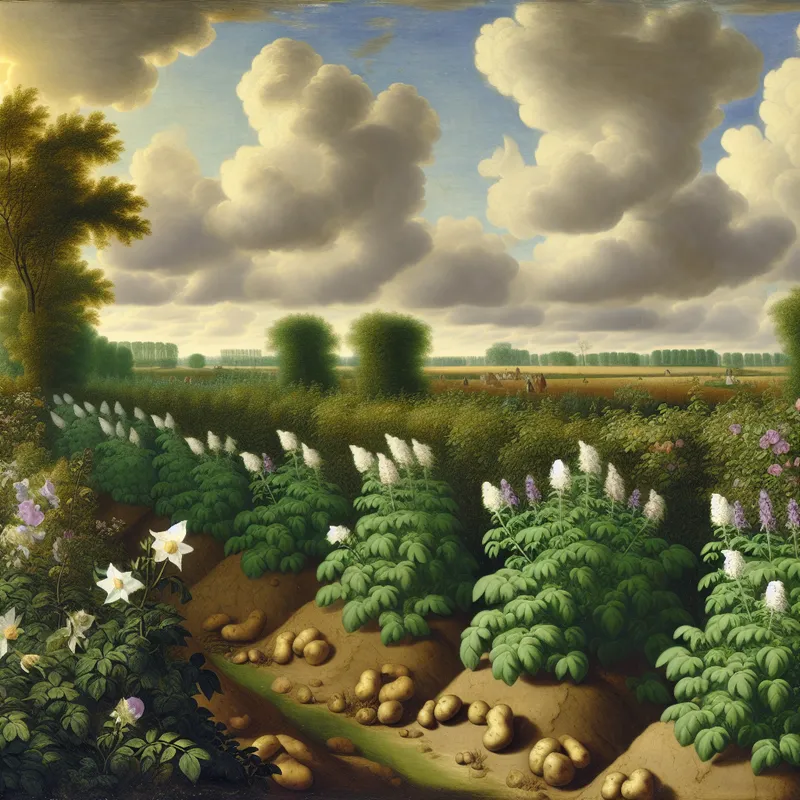 17e-eeuwse Nederlandse tuin met bloeiende aardappelplanten, witte en paarse bloemen en dramatische lucht in de stijl van Jacob van Ruisdael