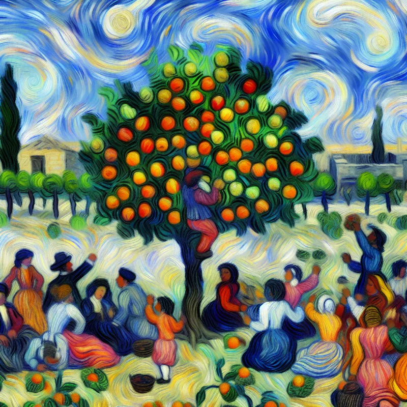 Bloeiende boom met veel vruchten, omringd door blije mensen die hun creativiteit en samenwerking tonen