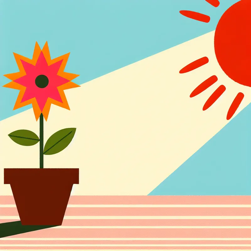 Illustratie van een kleurrijke bloem die groeit uit een simpel potje, geïnspireerd door Dick Bruna, met een heldere achtergrond en een vrolijk stralende zon.