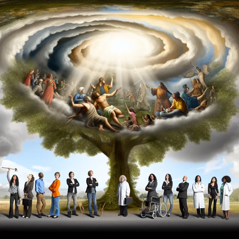 Een kleurrijke boom met meerdere takken, omringd door een diverse groep mensen die hoopvol omhoog kijken, tegen een dramatische lucht.