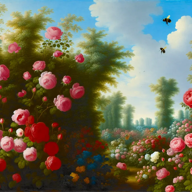 Landschap met bloeiende rozen in verschillende tinten rood en roze, verlicht door zacht ochtendlicht, met blauwe lucht en witte wolken erachter