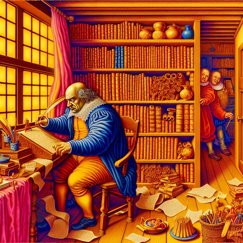 Middelbare man in bloeiperiode van zijn carrière, schrijvend aan een boek met symbolen van succes en creativiteit in een warme, levendige setting