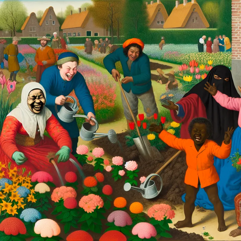 Een vrolijke vrouw plant kleurrijke bloemen terwijl kinderen in de buurt deze water geven in een levendige bloemen tuin.