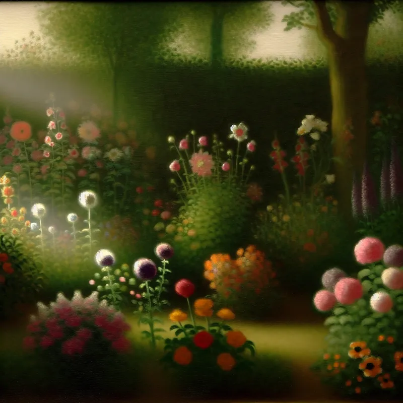 Een serene tuinscène met een verscheidenheid aan kleurrijke bloeiende bloemen in verschillende vormen, geïnspireerd door de stijl van Johannes Vermeer.