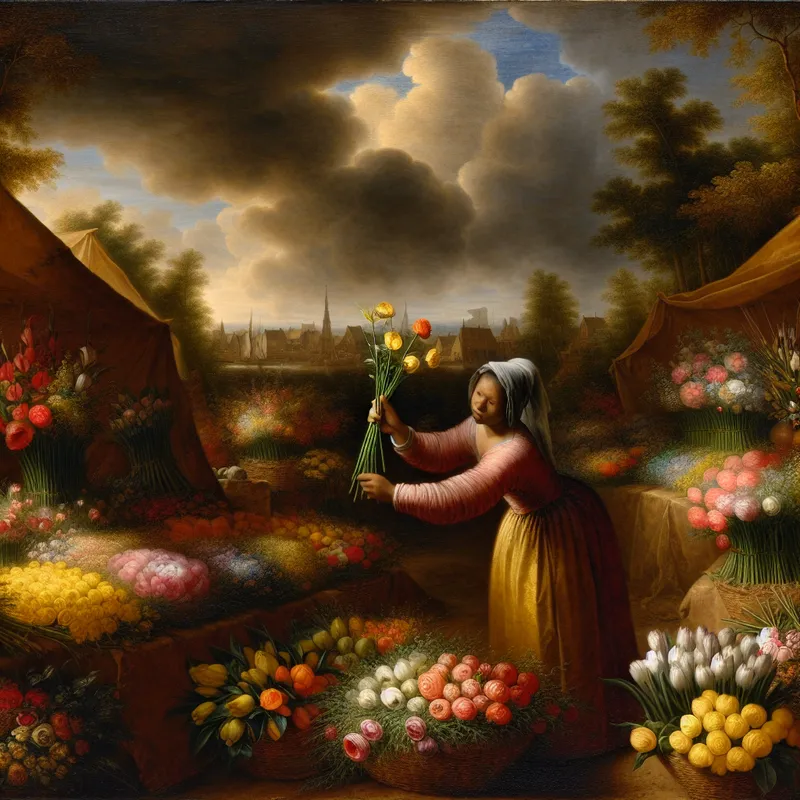 Jonge vrouw kiest zorgvuldig bloemen uit bij een kleurrijke bloemenkraam op een schilderachtige markt in de stijl van Jacob van Ruisdael