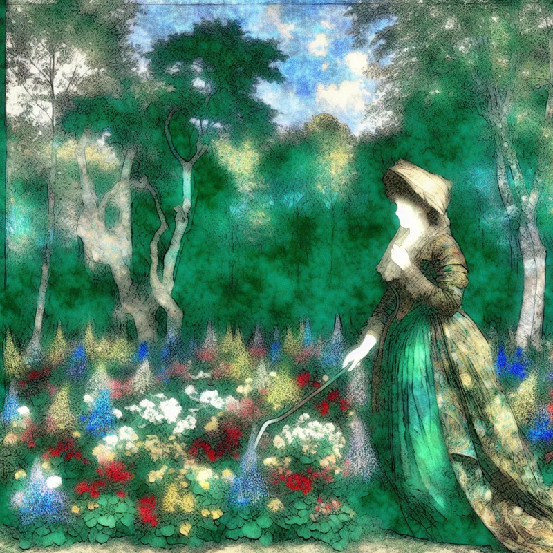 Een tuinier in vintage kleding zorgt voor bloeiende bloemen in een levendig park in de lente.