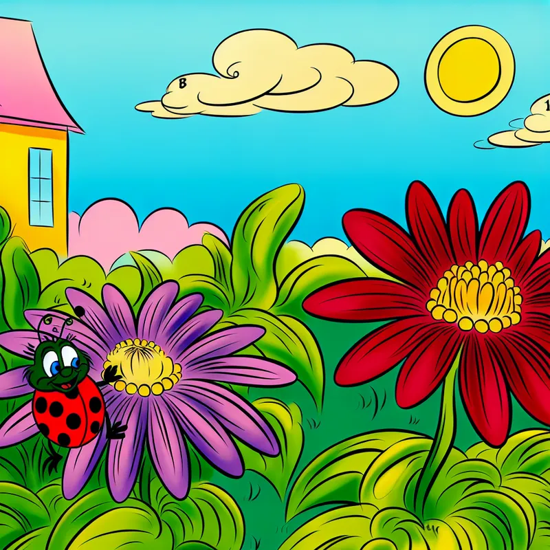 Twee kleurrijke bloemen in een tuin, één iets hoger met een andere kleurpatroon, met een lachende lieveheersbeestje dat ze inspecteert.