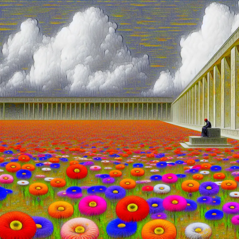 Een hyper-realistisch tafereel van een uitgestrekt bloemenveld onder een surrealistische, bewolkte lucht met een contemplatieve figuur op een bank.