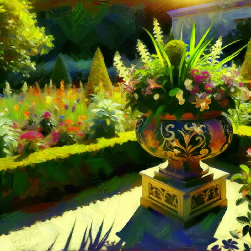 Een kleurrijke bloempot met een nieuwe plant in een zonovergoten tuin