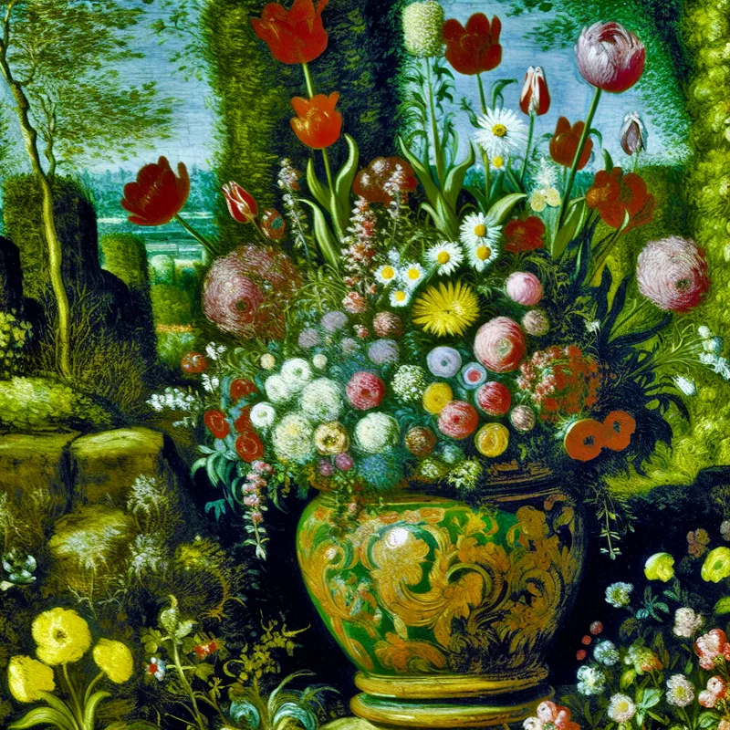 Kleurrijke bloempot gevuld met tulpen en madeliefjes in een levendige tuin.