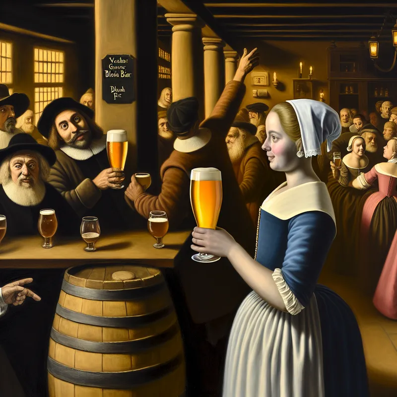 17e-eeuwse Nederlandse taverne met barmeisje dat een glas blond bier toont naast een donker bier, in de stijl van Jan Steen