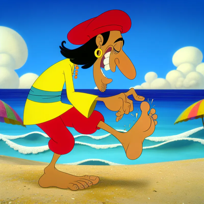 Een vrolijke cartoonfiguur die blote voeten in het zand op het strand heeft, met een splinter zichtbaar onder de voet.