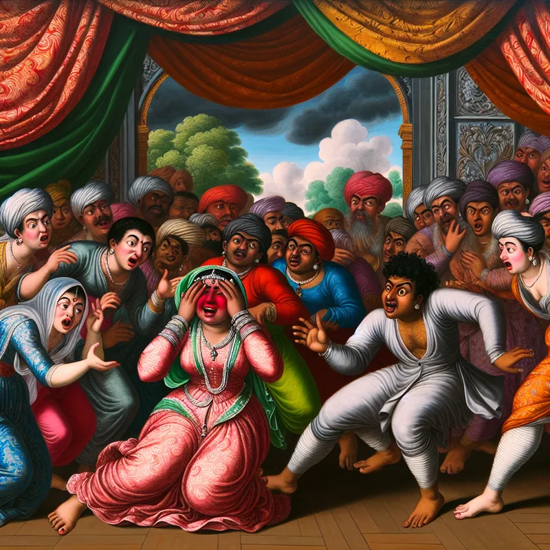 Een jonge vrouw bloost heftig voor een groep geschokte toeschouwers, in een dramatische Barok-stijl.