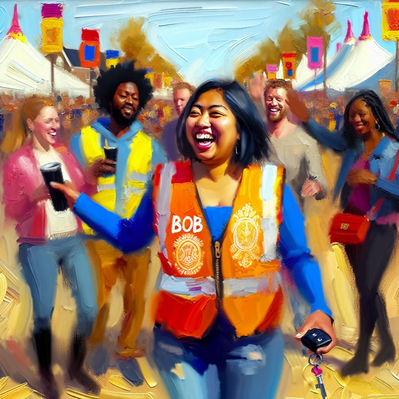 Vrolijke groep festivalgangers juicht een persoon met een felgekleurd BOB-vest toe, die autosleutels vasthoudt en glimlacht, ter promotie van verantwoord alcoholgebruik in het verkeer