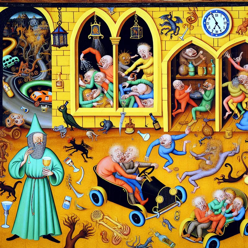 Surrealistisch tafereel van een middeleeuwse kroeg vol dronken wezens, met in het midden een nuchtere BOB met autosleutels en een halo, ter promotie van verantwoord alcoholgebruik in het verkeer