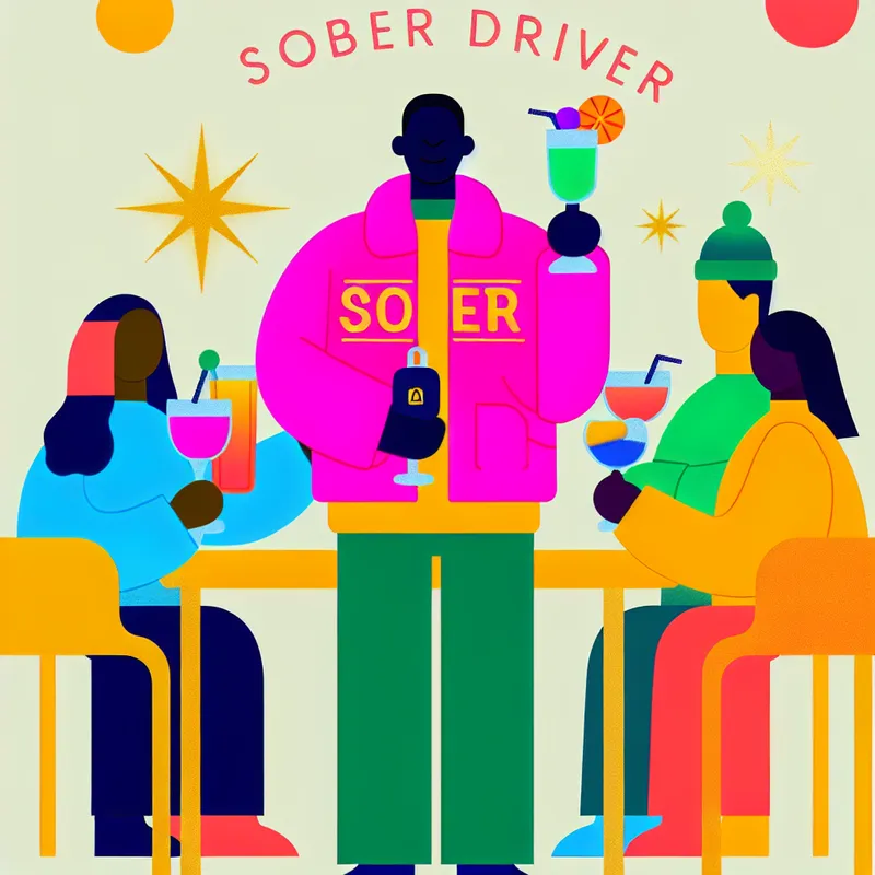 Minimalistische illustratie van een vrolijke groep vrienden aan een feestelijk terras tijdens de feestdagen, met een nuchtere bestuurder (BOB) die autosleutels en een alcoholvrij drankje vasthoudt