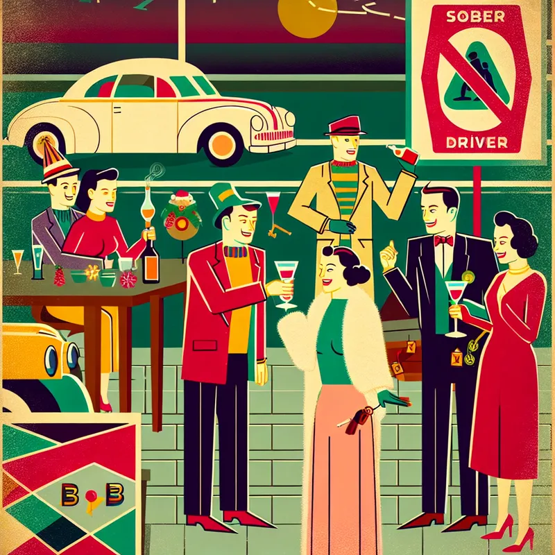 Illustratie van een feestelijke BOB-campagne met een nuchtere bestuurder die autosleutels vasthoudt en een BOB-badge draagt, omringd door vrienden die alcohol drinken tijdens een retro-futuristische feestavond