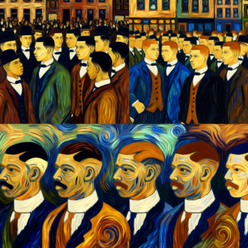 Historische scène uit de jaren 1920 met mannen met een 'bob'-kapsel in een stijlvolle stad of kapperszaak, geschilderd in Van Gogh-stijl