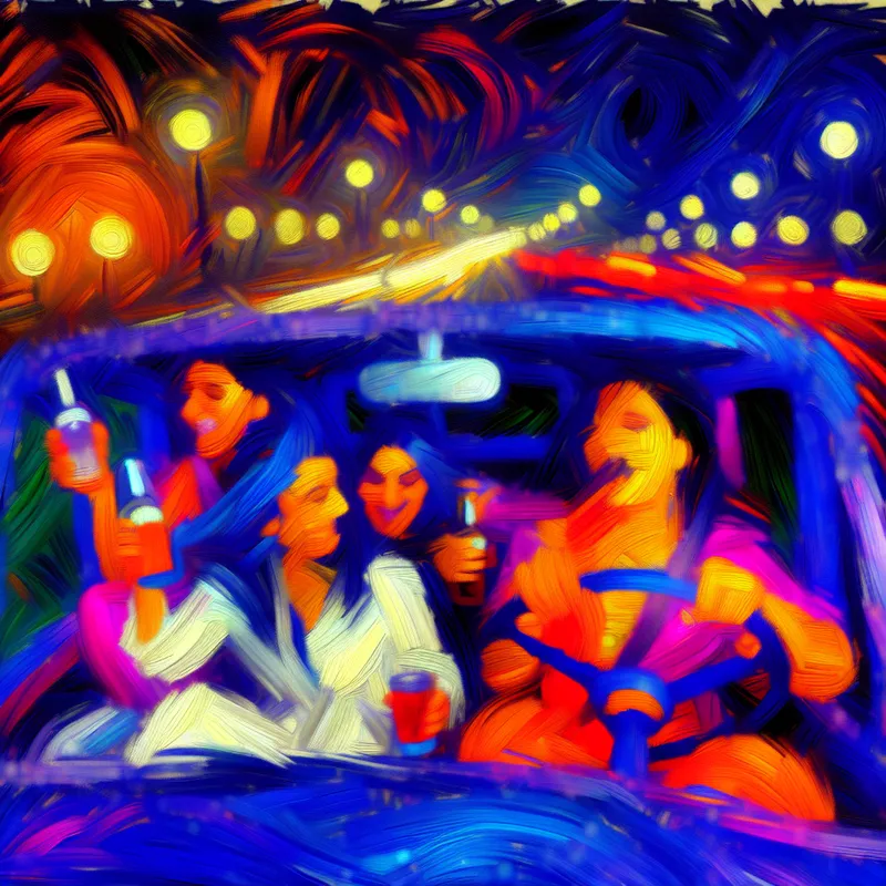 Abstract expressionistische voorstelling van een groep vrienden in een auto 's nachts, waarbij de nuchtere bob zelfverzekerd rijdt terwijl anderen lachen en drinken