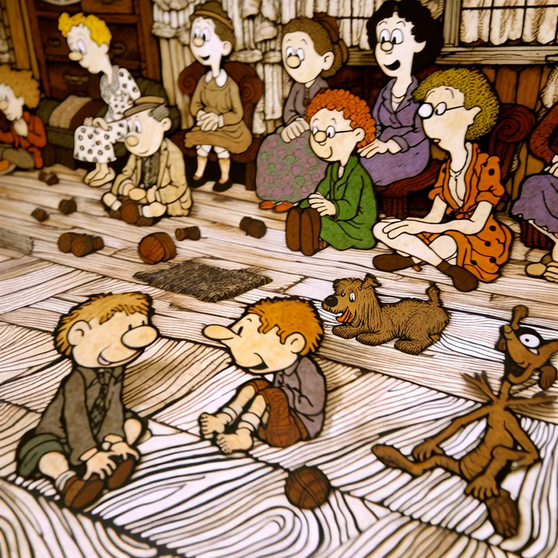 Kleurrijke cartoonachtige woonkamer met expressieve personages die gezellig op de houten vloer zitten, in de stijl van Marten Toonder