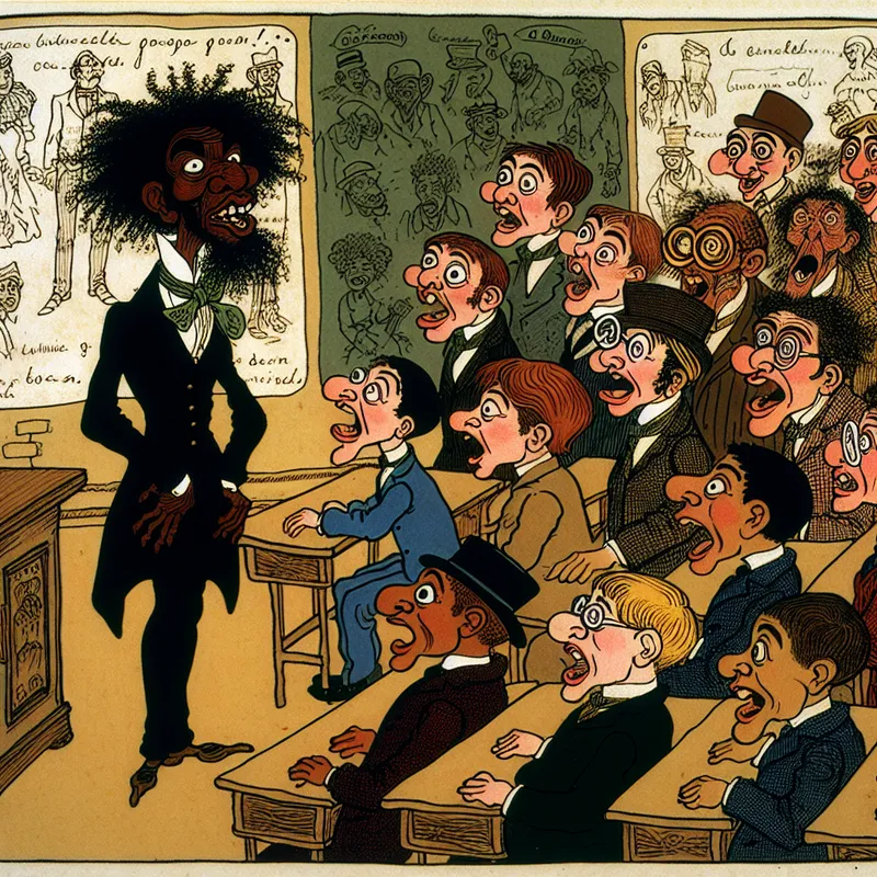 Cartoonleraar met expressieve gezichtsuitdrukkingen en levendige lichaamstaal die een klas vol gefascineerde studenten boeit in een warme, gedetailleerde klaslokaal-setting in de stijl van Marten Toonder