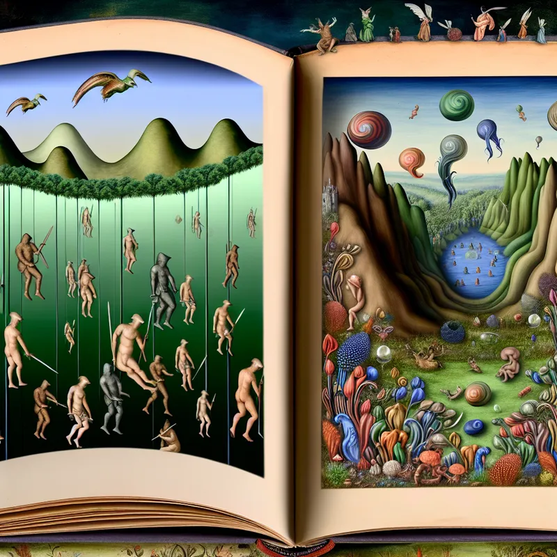 Surrealistisch schilderij in de stijl van Hieronymus Bosch van een open boek waarvan de pagina's veranderen in een fantasielandschap met historische taferelen en magische natuur