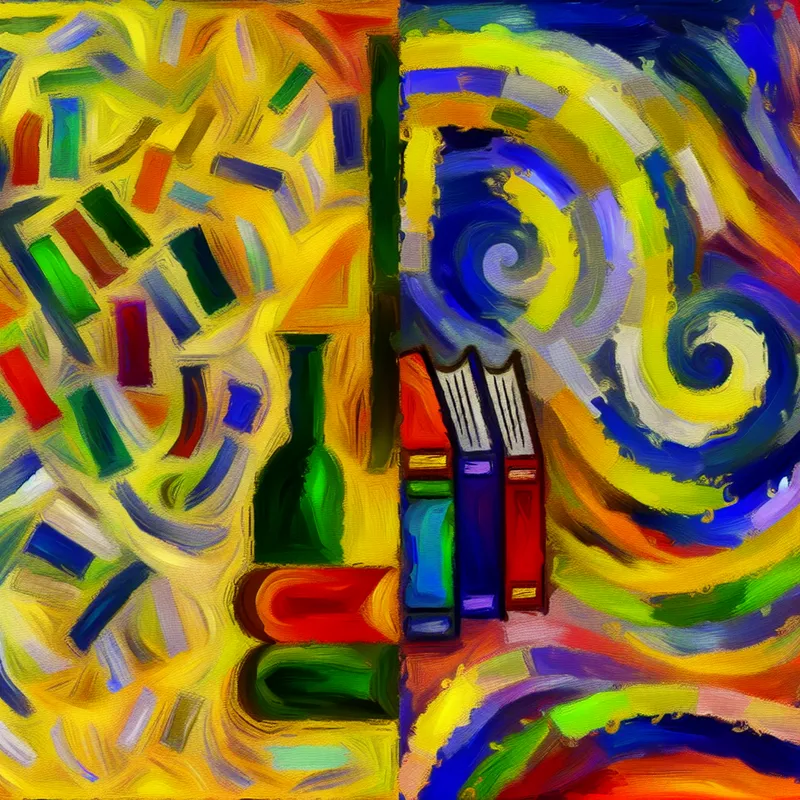 Vibrante abstracte afbeelding die twee boeken vergelijkt, een levendig en de andere minder interessant.