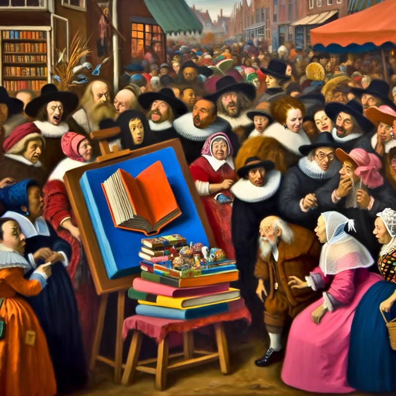 Groep nieuwsgierige mensen rondom een kleurrijke boekenstal op een drukke markt, met een groot boek op een standaard dat opvalt.