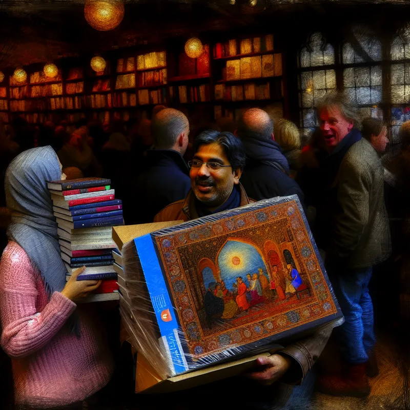 Boekenwinkel tijdens Boekenweek met klant die boeken en een Boekenweekgeschenk vasthoudt