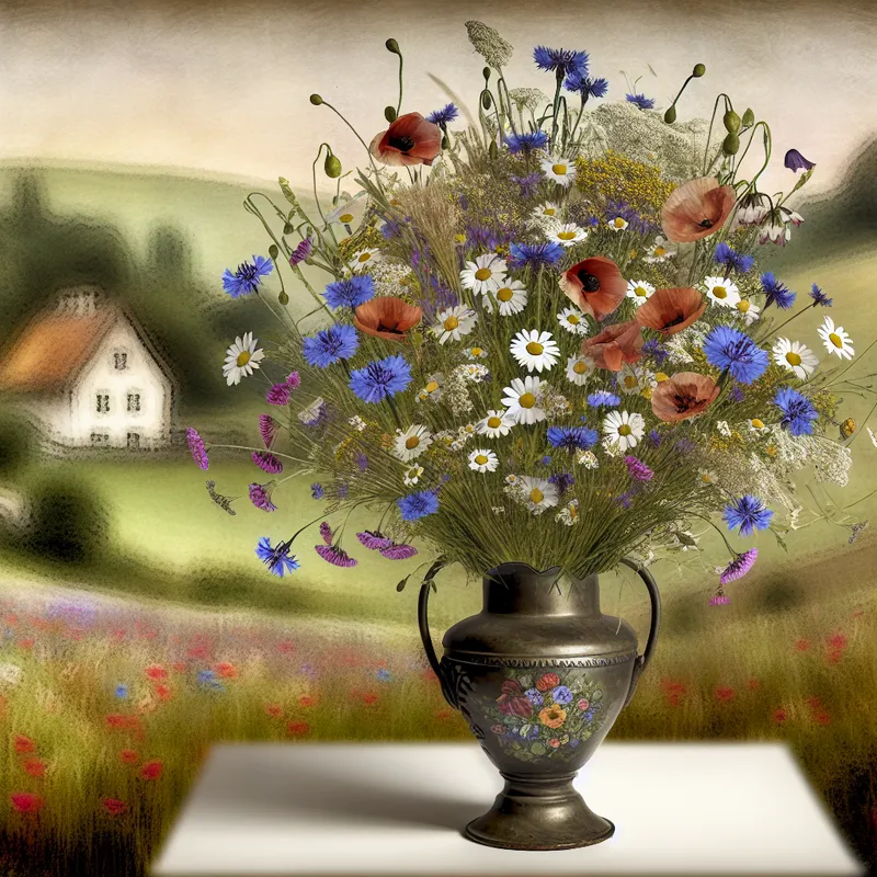 Een kleurrijk boeket veldbloemen in een vintage vaas, met een landelijke achtergrond.