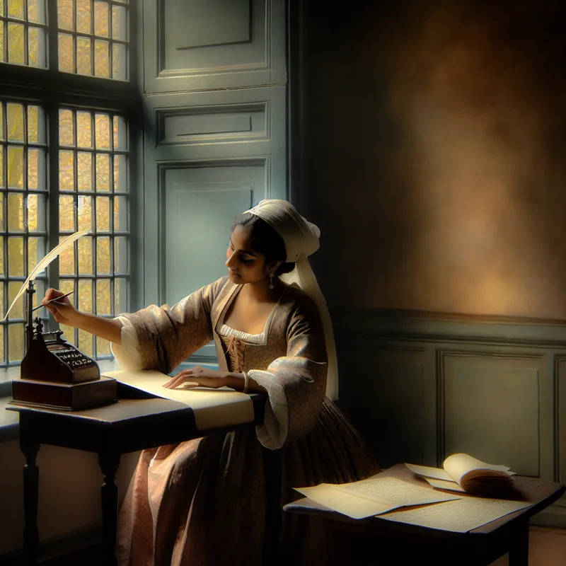 Vrouw schrijft bij raam in 17e-eeuws interieur