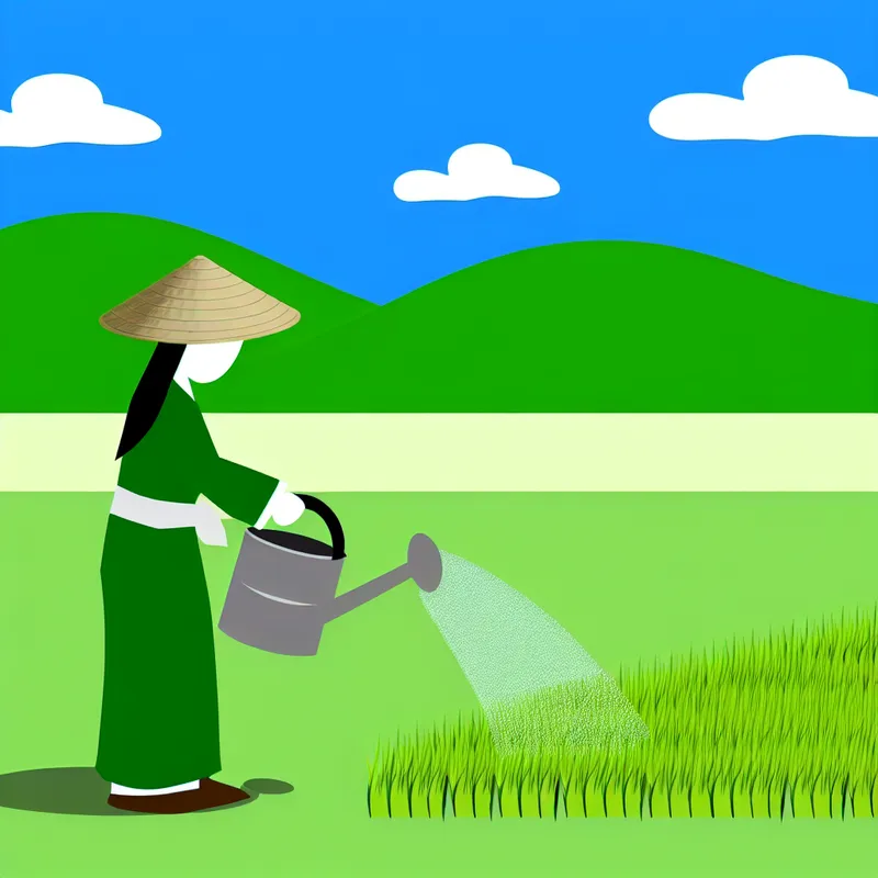 Een boer die een groene weide water geeft met een gietertje onder een heldere blauwe lucht.