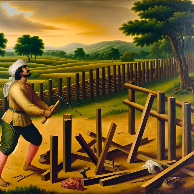 Barokke boer die met kracht een houten hek bouwt om zijn land af te bakenen, omgeven door groene velden en gereedschap