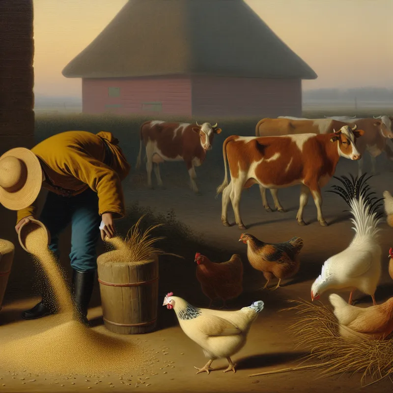 Een boer die voer in voederbakken giet terwijl koeien en kippen eromheen staan.