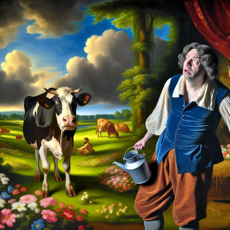 Een boer met een melk-emmer kijkt verlangend naar een dikke koe in een groene weide onder een dramatische lucht.