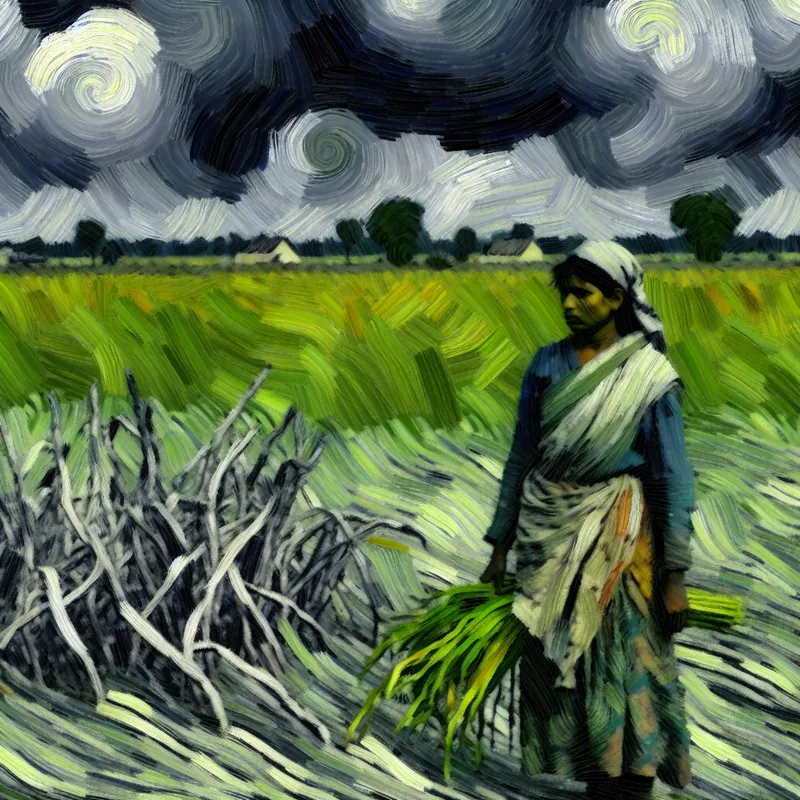 Bepaalde boer staat in een stormachtig veld met donkere wolken boven, omringd door kromme gewassen die zijn hardheid symboliseren.