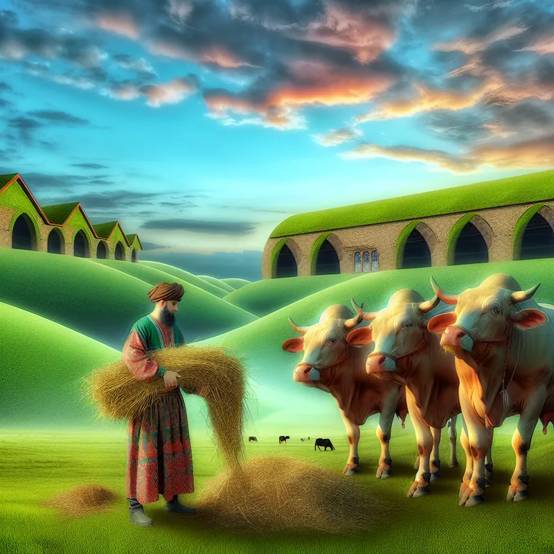 Een boer in traditionele kleding voert zijn gezonde, grote koeien met vers hooi in een groene weide tijdens de ochtend.