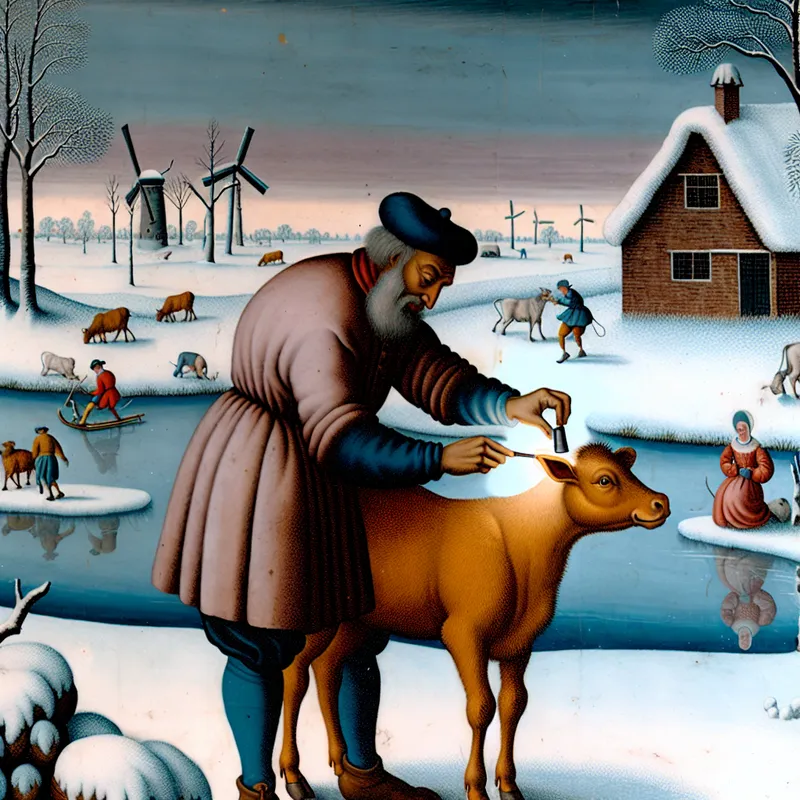 17e-eeuwse Nederlandse boer merkt kalf met gloeiend ijzer in besneeuwd landschap, stijl van Hendrick Avercamp