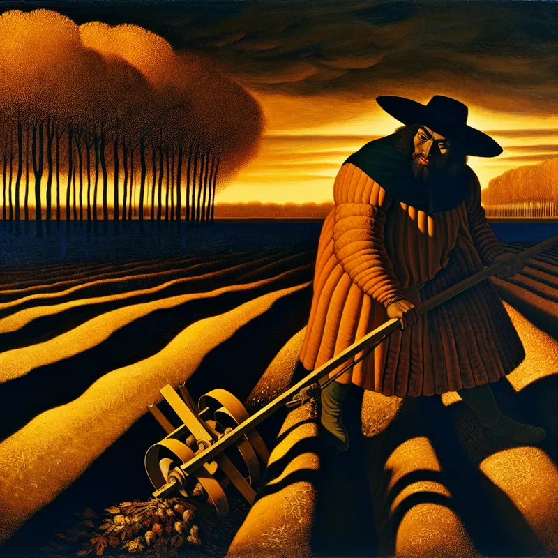 Boeren in rijke, textuurvolle kleding ploegen de aarde om na de oogst, met een dramatische zonsondergang op de achtergrond.