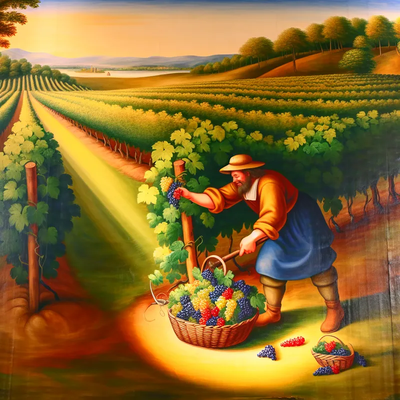 Een boer plukt rijpe druiven in een zonovergoten wijngaard met groene wijnranken.