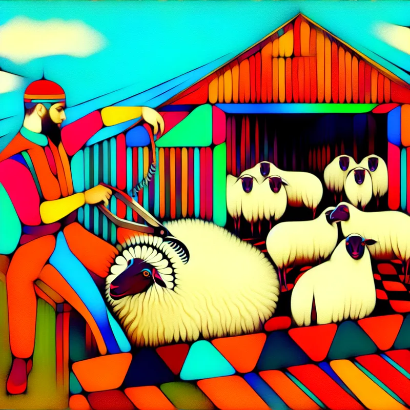 Een boer die schapen scheert met een schaar in een kleurrijke boerderijomgeving, met andere schapen die nieuwsgierig toekijken.