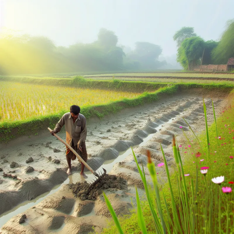 Boer die met een hoes ondiepe groeven in een zonverlichte akker snijdt.