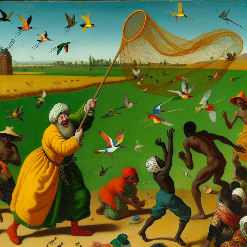 Een boer probeert vrolijk kleine vogels te vangen met een groot net in een groene veld, omringd door kinderen en dieren.